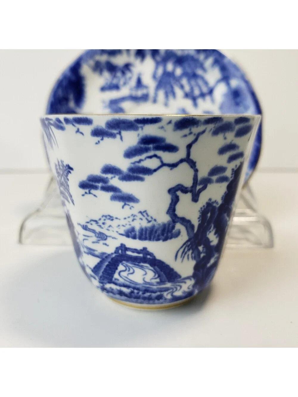 Vintage Royal Crown Derby Blue Mikado Demitasse Teacup & Saucer Set Chinoiserie
